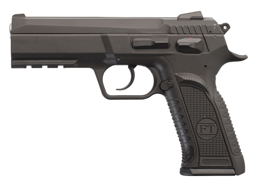 Picture of Tanfoglio IFG Defiant Force Plus 9mm Luger Caliber with 4.40" Barrel, 16+1 Capacity, Overall Black Finish, Picatinny Rail/Beavertail Frame, Serrated Steel Slide & Polymer Grip TFFORCEP9