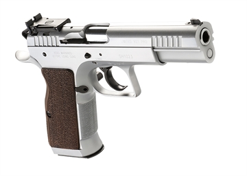 Picture of Tanfoglio IFG TF-LIMPRO-38 Defiant Limited Pro 38 Super Caliber with 4.80" Barrel, 17+1 Capacity, Overall Hard Chrome Finish Steel, Beavertail Frame, Serrated Slide & Brown Polymer Grip TFLIMPRO38