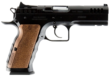 Picture of Tanfoglio IFG Defiant Stock I 40 S&W Caliber with 4.50" Barrel, 14+1 Capacity, Overall Black Finish Steel, Picatinny Rail/Beavertail Frame, Serrated Slide & Wood Grip TFSTOCKI40