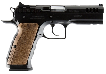 Picture of Tanfoglio IFG Defiant Stock I 40 S&W Caliber with 4.50" Barrel, 12+1 Capacity, Overall Black Finish Steel, Picatinny Rail/Beavertail Short Frame, Serrated Slide & Wood Grip TFSTOCKI40SF
