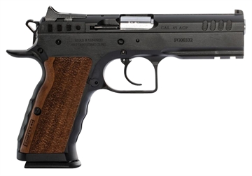 Picture of Tanfoglio IFG Defiant Stock I 45 ACP Caliber with 4.50" Barrel, 10+1 Capacity, Overall Black Finish Steel, Picatinny Rail/Beavertail Frame, Serrated Slide & Wood Grip TFSTOCKI45