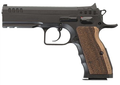 Picture of Tanfoglio IFG Defiant Stock I 9mm Luger Caliber with 4.50" Barrel, 16+1 Capacity, Overall Black Finish Steel, Picatinny Rail/Beavertail Short Frame, Serrated Slide & Wood Grip TFSTOCKI9SF