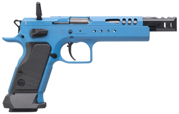 Picture of Tanfoglio IFG Domina 9mm Luger Caliber with 5.20" Barrel, 17+1 or 19+1 Capacity, Overall Blue Finish Steel, Beavertail Frame, Ported Slide & Black Polymer Grip TFDOM9