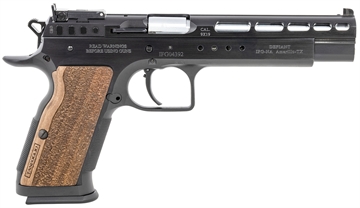 Picture of Tanfoglio IFG Gold Match 9mm Luger Caliber with 6" Barrel, 16+1 Capacity, Overall Matte Black Finish Steel Beavertail Frame, Ported Slide & Wood Grip TFGOLDM9