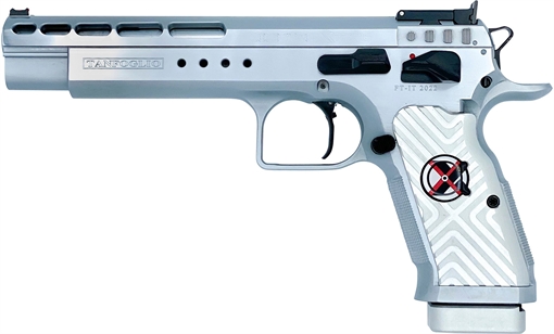 Picture of Tanfoglio IFG Gold Match Xtreme 9mm Luger 16+1 6" Stainless Polygonal Rifled Barrel, Stainless Ported Slide, Stainless Steel Frame w/Beavertail, White Polymer Grip, Right Hand TFGOLDMX9