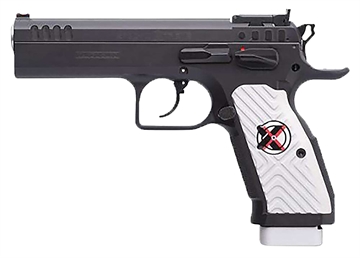 Picture of Tanfoglio IFG Stock II Xtreme 9mm Luger 16+1/17+1, 4.44" Black Polygonal Rifled Barrel, Black Serrated Slide, Black Steel Frame w/Beavertail, White Polymer Grip TFSTOCK2X9
