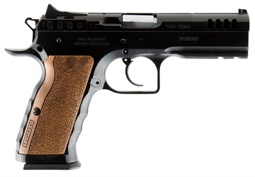 Picture of Tanfoglio IFG Defiant Stock I 10mm Auto Caliber with 4.50" Barrel, 13+1 Capacity, Overall Black Finish Steel, Picatinny Rail/Beavertail Frame, Serrated Slide & Wood Grip TFSTOCKI10