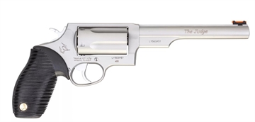 Picture of Taurus USA Judge, Double Action, Metal Frame Revolver, Large Frame, 410 Bore/45LC, 6.5" Barrel, 2.5" Chamber, Stainless Steel, Matte Finish, Silver, Rubber Grips, Fiber Optic Front Sight, 5 Rounds 2-441069T 2441069T