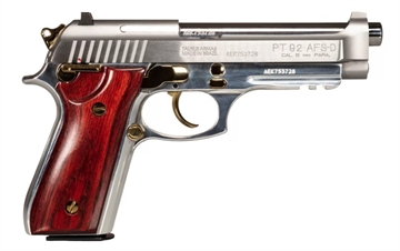 Picture of Taurus 92 Full Size Frame 9mm Luger 17+1 5" Matte Stainless Steel Barrel, Serrated Stainless Steel Slide, Natural Anodized Aluminum Frame w/Beavertail & Picatinny Rail, Rosewood Grip 1-920159GLD-HW1