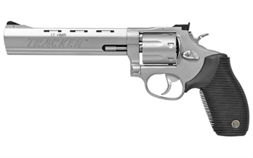 Picture of Taurus USA Model 17, Tracker, Double Action, Metal Frame Revolver, Large Frame, 17HMR, 6.5" Heavy Barrel, Stainless Steel, Matte Finish, Silver, Rubber Grips, Adjustable Sights, 7 Rounds 2-170069 2170069