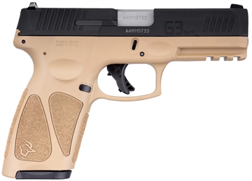 Picture of Taurus USA G3, Striker Fired, Semi-automatic, Polymer Frame Pistol, Full Size, 9MM, 4" Barrel, Matte Finish, Black Slide, Tan Frame, Fixed Steel Front Sight, Drift-Adjustable Steel Rear Sight w/ Serrated Ramp, Manual Thumb Safety, 15 Rounds, 2 Magazines 1-G3B941T-15 1G3B941T15