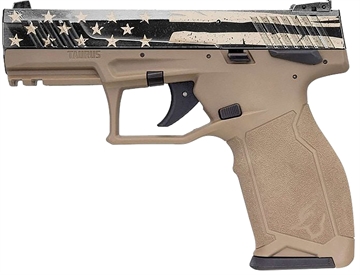 Picture of Taurus 1TX2214110USD TX22 Full Size Frame 22 LR 10+1 4.10" Black Steel Threaded Barrel, Black Distressed US Flag Cerakote Serrated Slide, FDE w/Black Controls Polymer Frame w/Picatinny Rail 1-TX2214110USD