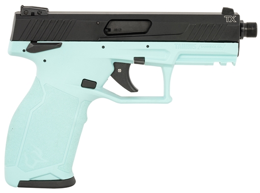 Picture of Taurus 1-TX22141C10 TX22 Full Size Frame 22 LR 10+1 4.10" Matte Black Threaded Barrel, Matte Black Serrated Slide, Cyan Polymer Frame w/Picatinny Rail, Textured Grip 1-TX22141C10 1TX22141C10