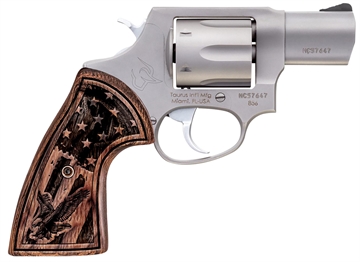 Picture of Taurus 285629US1 856 Small Frame 38 Special +P 6rd 2" Matte Stainless Steel Barrel, Cylinder & Frame, Engraved USA Flag Walnut Grip, Transfer Bar Safety 2-85629US1