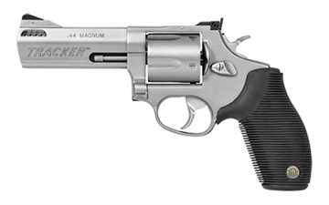 Picture of Taurus USA Model 44, Tracker, Double Action, Metal Frame Revolver, Large Frame, 44 Magnum, 4" Barrel, Stainless Steel, Matte Stainless Finish, Silver, Rubber Grips, Adjustable Sights, 5 Rounds 2-440049TKR 2440049TKR