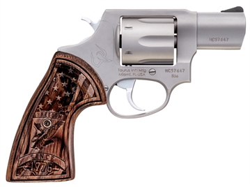 Picture of Taurus 2605029US1 605 Small Frame 357 Mag/38 Special +P 5rd 2" Matte Stainless Steel Barrel, Cylinder & Frame, Engraved USA Flag Walnut Grip, Transfer Bar Safety 2-605029US1