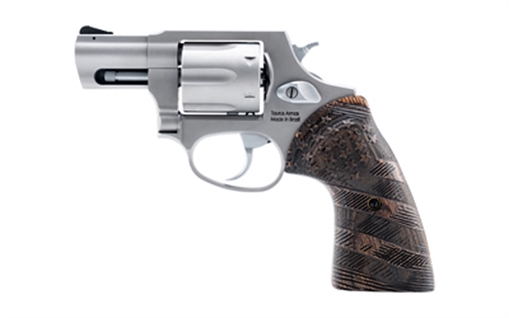 Picture of Taurus USA Model 856, Double/Single Action Revolver, Small Frame, 38 Special +P, 2" Barrel, Matte Stainless Finish, Silver, Custom Flag Engraved Wood Grips, Fixed Sights, 6 Rounds 2-85629-US2