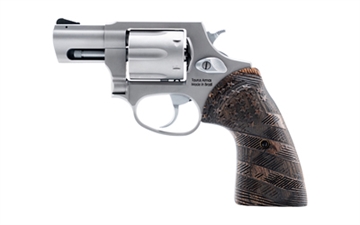 Picture of Taurus USA Model 856, Double/Single Action Revolver, Small Frame, 38 Special +P, 2" Barrel, Matte Stainless Finish, Silver, Custom Flag Engraved Wood Grips, Fixed Sights, 6 Rounds 2-85629-US2