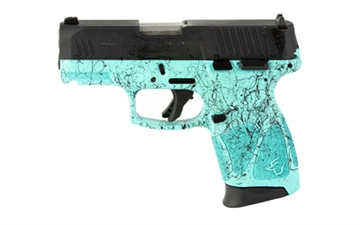 Picture of Taurus USA G3C, Striker Fired, Semi-automatic, Polymer Frame Pistol, Compact, 3.2" Barrel, Matte Finish, Cyan Frame w/Black Splatter, Black Slide, Fixed Front Sight With Drift Adjustable Rear Sight, 12 Rounds, 3 Magazines 1-G3C931-SP4