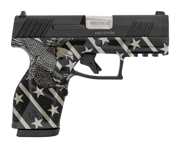 Picture of Taurus USA GX2, Semi-automatic, Striker Fired, Compact, 9MM, 3.38" Barrel Length, Matte Finish, Black and White with Custom Eagle Engraving on Grip, White Dot Front Sight with Drift Adjustable Rear Sight, 13 Rounds, 2 Magazines 1-GX2931-EN1