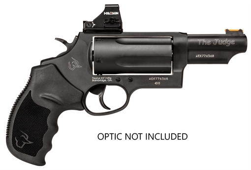 Picture of Taurus USA Judge T.O.R.O., Double Action, Metal Frame Revolver, Compact Frame, 2.5" 410 Bore/.45 Long Colt, 3" Barrel, Fiber Optic Front Sight, Optics Ready, Rubber Grips, Oxide Finish, Black, 5 Rounds 2-4410P31T 24410P31T