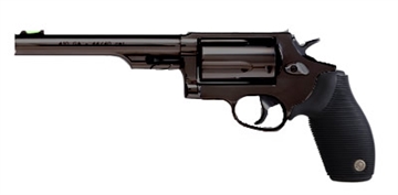 Picture of Taurus USA Judge, Double Action, Metal Frame Revolver, Large Frame, 410 Bore/45LC, 6.5" Barrel, 2.5" Chamber, Steel, Oxide Finish, Black, Rubber Grips, Fiber Optic Front Sight, 5 Rounds 2-441061T 2441061T
