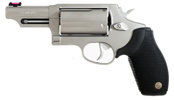Picture of Taurus USA Judge, Double Action, Metal Frame Revolver, Large Frame, 410 Bore/45LC, 3" Barrel, 2.5" Chamber, Stainless Steel, Matte Finish, Silver, Rubber Grips, Fiber Optic Front Sight, 5 Rounds 2-441039T 2441039T