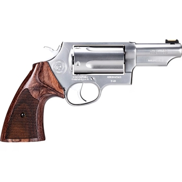 Picture of Taurus USA Judge Executive, Double Action, Metal Frame Revolver, Large Frame, 410 Bore/45LC, 3" Barrel, Stainless Steel, Matte Finish, Silver, Wood Grips, Fiber Optic Front Sight, 5 Rounds 2-441EX039 2441EX039