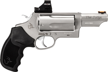 Picture of Taurus USA Judge Magnum T.O.R.O., Double Action, Stainless Steel Frame Revolver, Compact, 3" 410 Bore/.45 Long Colt, 3" Barrel, Fiber Optic Front Sight, Optics Ready, Rubber Grips, Matte Finish, Silver, 5 Rounds 2-4410P39MAG 24410P39MAG