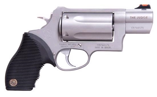 Picture of Taurus USA Judge, Public Defender, Double Action, Metal Frame Revolver, Medium Frame, 410 Bore/45LC, 2" Barrel, 2.5" Chamber, Stainless Steel, Matte Finish, Silver, Rubber Grips, Fiber Optic Front Sight, 5 Rounds 2-441039TC 2441039TC