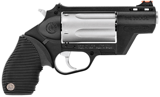 Picture of Taurus USA Judge, Public Defender, Double Action, Polymer Frame Revolver, Medium Frame, 410 Bore/45LC, 2.5" Barrel, 2.5" Chamber, Matte Finish, Silver Cylinder, Black Frame, Rubber Grips, Fixed Sight, 5 Rounds 2-441029TCPLY 2441029TCPLY