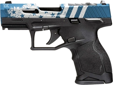 Picture of Taurus USA TX22 Compact, Striker Fired, Semi-automatic, Polymer Framed Pistol, 22 LR, 3.6" Threaded Barrel, Manual Safety, Black Frame, Blue Hard Anodized Slide with Laser Engraved Flag Design, Ramp Front/Adjustable Rear, 13 Rounds, 2 Magazines 1-TX2213Y-US3