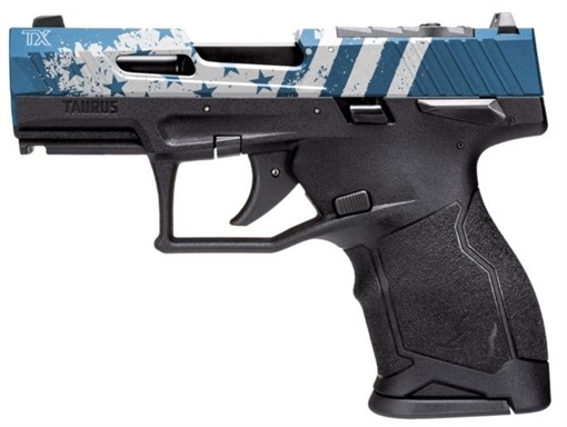 Picture of Taurus TX 22 Handgun 22LR 10rd Magazines (2) 3.6" Barrel Black with Blue US Flag Slide 1-TX2213Y-10US3