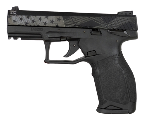 Picture of Taurus 1-TX2214110US1 TX22 Full Size Frame 22 LR 10+1 4.10" Matte Black Alloy Steel Barrel, Matte Black w/Stars & Stripes Serrated Slide, Black Polymer Frame w/Picatinny Rail, Textured Grip 1-TX2214110US1 1TX2214110US1
