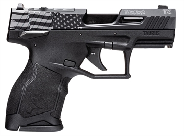 Picture of Taurus USA TX22 Compact, Striker Fired, Semi-automatic, Polymer Framed Pistol, 22 LR, 3.6" Threaded Barrel, Manual Safety, Black Frame, Laser Engraved Flag Slide, 13 Rounds, 2 Magazines, 1-TX22131-EN2