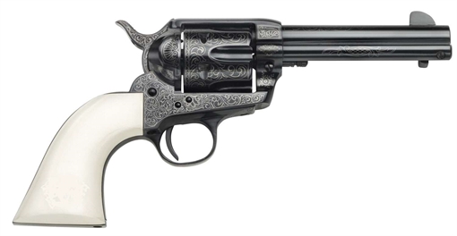 Picture of Taylors & Company 1873 Cattleman Outlaw Legacy 357 Mag Caliber with 4.75" Barrel, 6rd Capacity Cylinder, Overall Blued Engraved Finish Steel & Ivory Synthetic Grip 200059