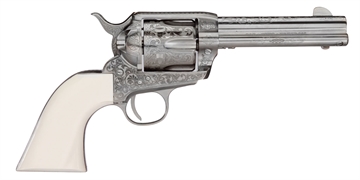 Picture of Taylors & Company 1873 Cattleman Outlaw Legacy 45 Colt (LC) Caliber with 4.75" Barrel, 6rd Capacity Cylinder, Overall Nickel Engraved Finish Steel & Ivory Synthetic Grip 200057