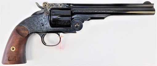 Picture of Taylors & Company Top Break Schofield 45 Colt (LC) Caliber with 7" Barrel, 6rd Capacity Cylinder, Overall Blued Engraved Finish Steel & Walnut Grip 550643