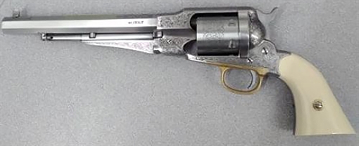 Picture of Taylors & Company 1858 Remington Conversion 45 Colt (LC) Caliber with 8" Barrel, 6rd Capacity Cylinder, Overall Nickel-Plated Engraved Finish Steel & 2-Piece Ivory Grip 550763