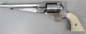 Picture of Taylors & Company 1858 Remington Conversion 45 Colt (LC) Caliber with 8" Barrel, 6rd Capacity Cylinder, Overall Nickel-Plated Engraved Finish Steel & 2-Piece Ivory Grip 550763