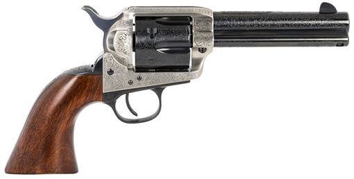 Picture of Taylors & Company 1873 Cattleman 357 Mag Caliber with 4.75" Blued Floral Engraved Finish Barrel, 6rd Capacity Blued Finish Cylinder, Coin Photo Engraved Finish Steel Frame & Walnut Grip 550924