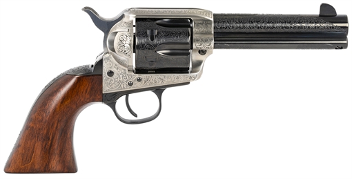 Picture of Taylors & Company 1873 Cattleman 45 Colt (LC) Caliber with 4.75" Blued Floral Engraved Finish Barrel, 6rd Capacity Blued Finish Cylinder, Coin Photo Engraved Finish Steel Frame & Walnut Grip 550925