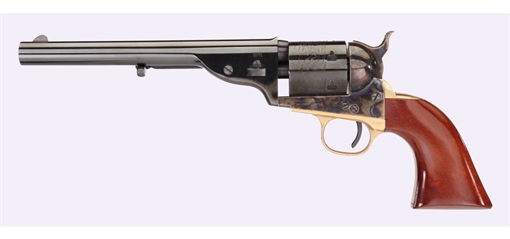 Picture of Taylors & Company 1851 Open-Top 45 Colt (LC) Caliber with 7.50" Blued Finish Barrel, 6rd Capacity Blued Finish Cylinder, Color Case Hardened Finish Steel Frame & Walnut Navy Size Grip 550725