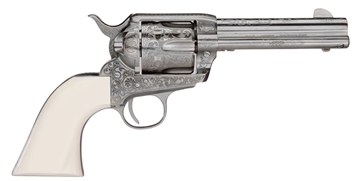 Picture of Taylors & Company 1873 Cattleman Outlaw Legacy 357 Mag Caliber with 4.75" Barrel, 6rd Capacity Cylinder, Overall Nickel Engraved Finish Steel & Ivory Synthetic Grip 200058
