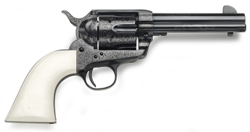 Picture of Taylors & Company 1873 Cattleman Outlaw Legacy 45 Colt (LC) Caliber with 4.75" Barrel, 6rd Capacity Cylinder, Overall Blued Engraved Finish Steel & Ivory Synthetic Grip 200056