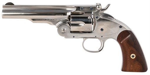 Picture of Taylors & Company Schofield Top Break 45 Colt (LC) Caliber with 5"Barrel, 6rd Capacity Cylinder, Overall Nickel-Plated Finish Steel & Walnut Grip 550670