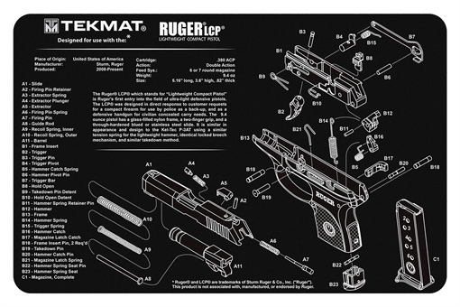 Picture of TekMat TEKR17RUGERLCP Ruger LCP Cleaning Mat Black/White Rubber 11"x17" Ruger LCP Parts Diagram TEKR17RUGERLCP TEK-R17-RUGERLCP