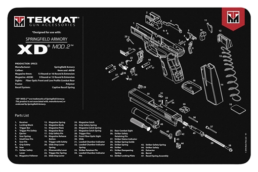 Picture of TekMat TEKR17XDMOD2 Springfield Armory XD MOD 2 Cleaning Mat Black/White Rubber 11"x17" Springfield Armory XD MOD 2 Parts Diagram TEKR17XDMOD2 TEK-R17-XDMOD2