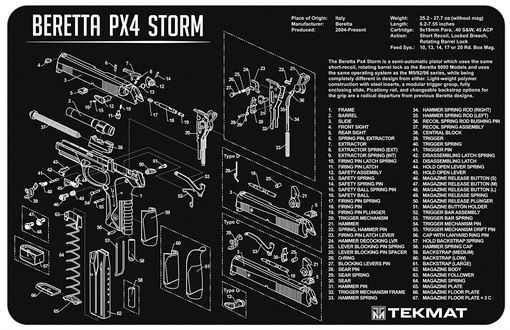 Picture of TekMat TEKR17BERPX4 Beretta Px4 Storm Cleaning Mat Black/White Rubber 11"x17" Beretta PX4 Storm Diagram TEKR17BERPX4 17-BER-PX4