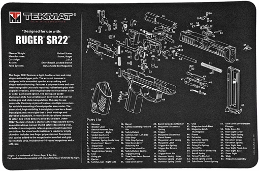 Picture of TekMat TEKR17RUGERSR22 Ruger SR22 Cleaning Mat Black/White Rubber 11"x17" Ruger SR22 Parts Diagram TEKR17RUGERSR22 17-RUGERSR22